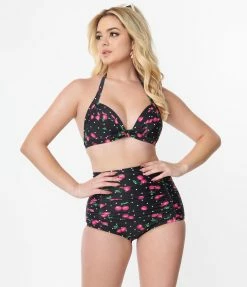 Unique Vintage Black & Hot Pink Cherry Pin Dot Monroe Swim Bottom New Arrivals!