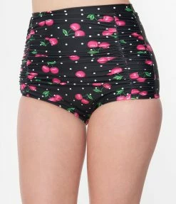 Unique Vintage Black & Hot Pink Cherry Pin Dot Monroe Swim Bottom New Arrivals!