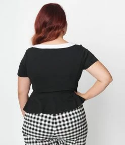 New Arrivals! Unique Vintage Plus Size Black & White Collar Peplum Top