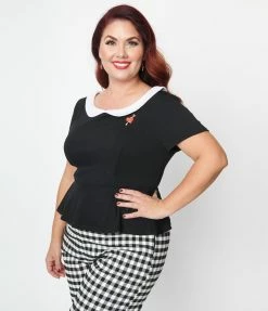 New Arrivals! Unique Vintage Plus Size Black & White Collar Peplum Top