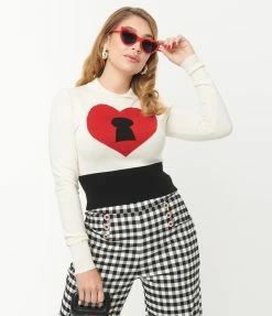 Unique Vintage Cream & Red Locked Heart Sweater Clothing
