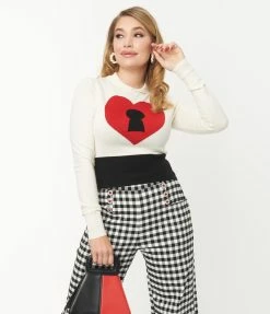 Unique Vintage Cream & Red Locked Heart Sweater Clothing