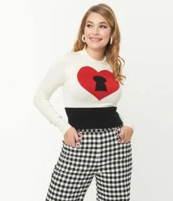 Unique Vintage Cream & Red Locked Heart Sweater Clothing