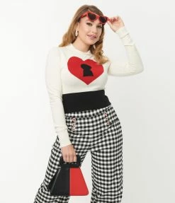 Unique Vintage Cream & Red Locked Heart Sweater Clothing