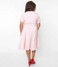Unique Vintage Plus Size Pink & Heart Button Swing Dress New Arrivals!