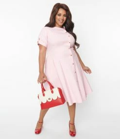 Unique Vintage Plus Size Pink & Heart Button Swing Dress New Arrivals!