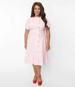 Unique Vintage Plus Size Pink & Heart Button Swing Dress New Arrivals!