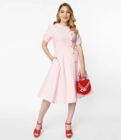 Unique Vintage Pink & Heart Button Swing Dress