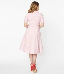 Unique Vintage Pink & Heart Button Swing Dress
