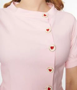 Unique Vintage Pink & Heart Button Swing Dress