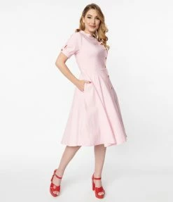 Unique Vintage Pink & Heart Button Swing Dress