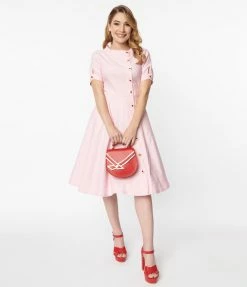 Unique Vintage Pink & Heart Button Swing Dress