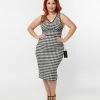 New Arrivals! Unique Vintage Plus Size Black Gingham Sleeveless Deep V Wiggle Dress