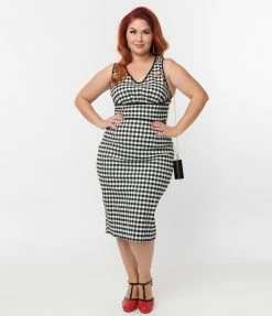 New Arrivals! Unique Vintage Plus Size Black Gingham Sleeveless Deep V Wiggle Dress