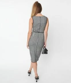 Unique Vintage Black Gingham Sleeveless Deep V Wiggle Dress