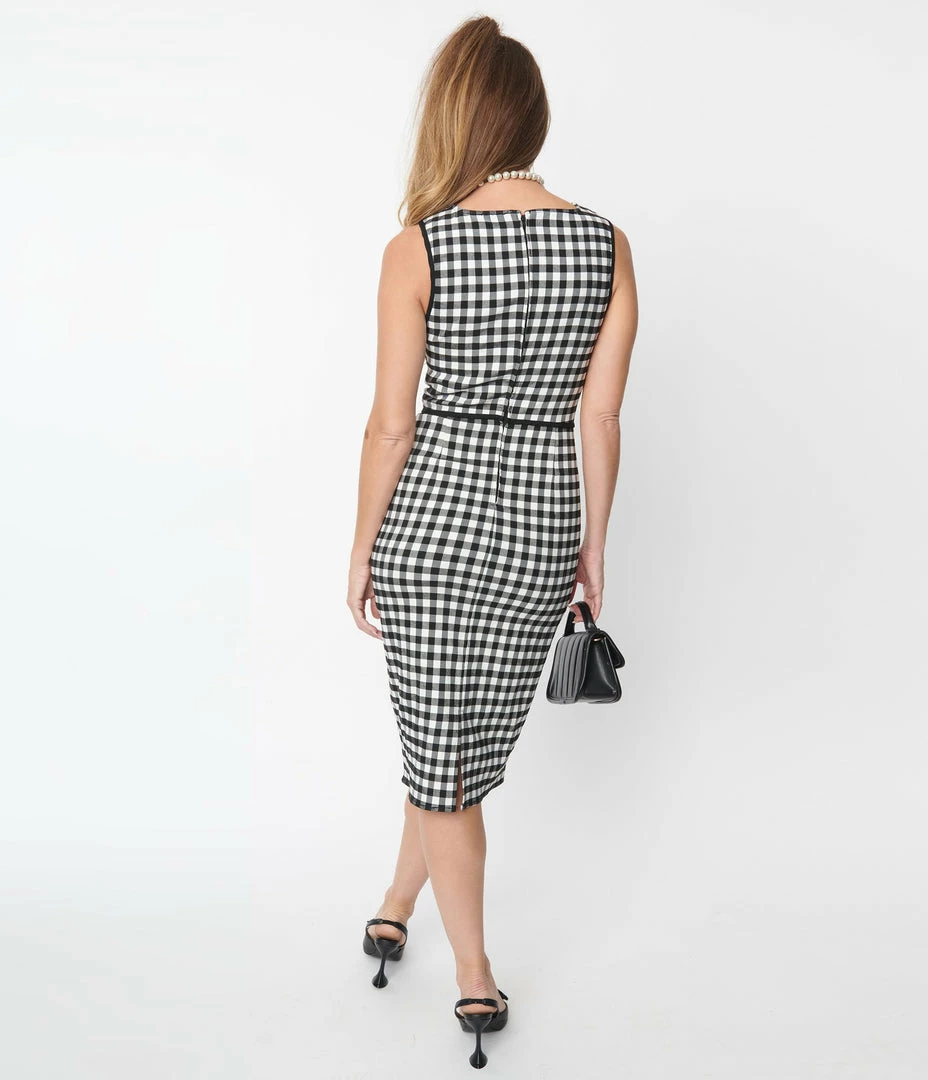 Unique Vintage Black Gingham Sleeveless Deep V Wiggle Dress