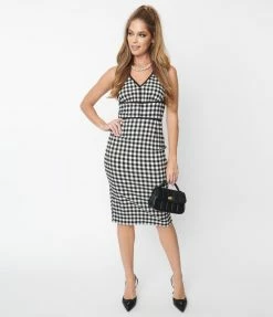 Unique Vintage Black Gingham Sleeveless Deep V Wiggle Dress