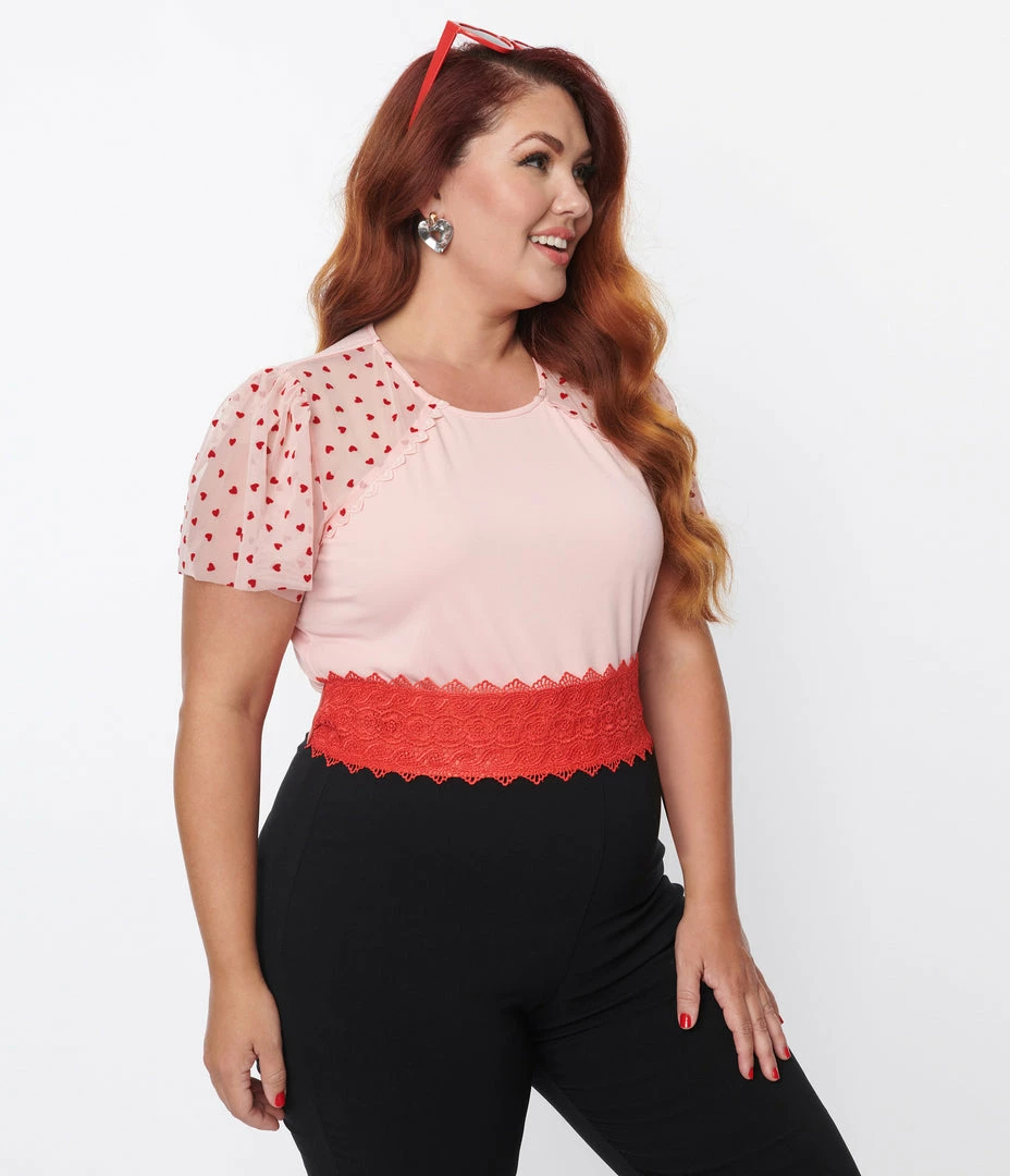 New Arrivals! Unique Vintage Plus Size Pink & Red Hearts Mesh Sleeve Top