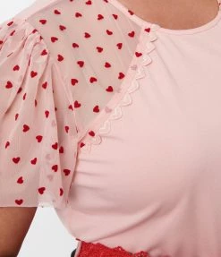 New Arrivals! Unique Vintage Plus Size Pink & Red Hearts Mesh Sleeve Top