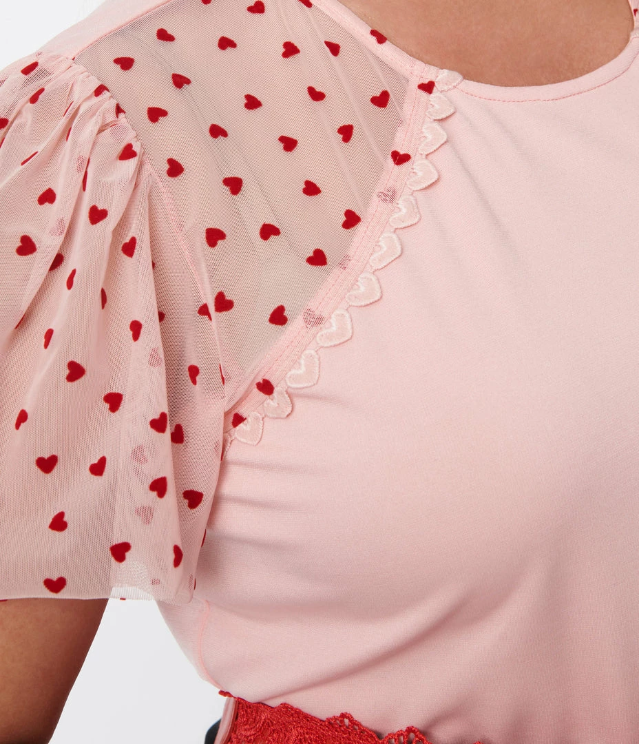 New Arrivals! Unique Vintage Plus Size Pink & Red Hearts Mesh Sleeve Top