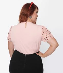 New Arrivals! Unique Vintage Plus Size Pink & Red Hearts Mesh Sleeve Top