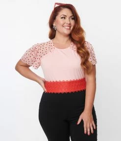 New Arrivals! Unique Vintage Plus Size Pink & Red Hearts Mesh Sleeve Top