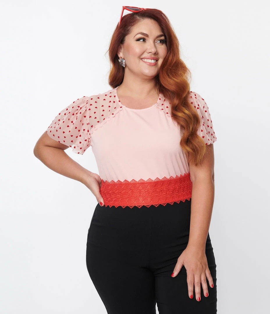 New Arrivals! Unique Vintage Plus Size Pink & Red Hearts Mesh Sleeve Top