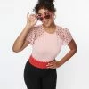 Unique Vintage Pink & Red Hearts Mesh Sleeve Top New Arrivals!