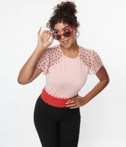 Unique Vintage Pink & Red Hearts Mesh Sleeve Top New Arrivals!