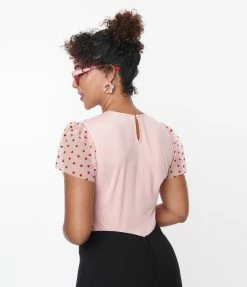 Unique Vintage Pink & Red Hearts Mesh Sleeve Top New Arrivals!