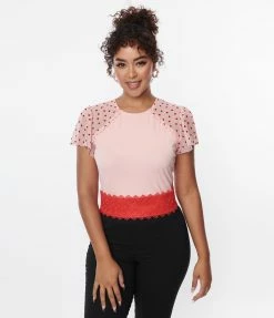 Unique Vintage Pink & Red Hearts Mesh Sleeve Top New Arrivals!