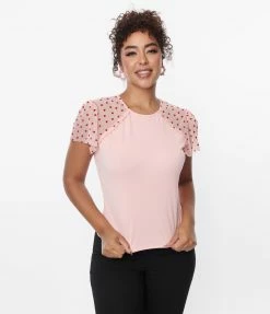Unique Vintage Pink & Red Hearts Mesh Sleeve Top New Arrivals!