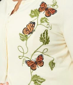 Unique Vintage Plus Size Cream & Butterfly Embroidered Bookworm Cardigan