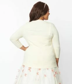 Unique Vintage Plus Size Cream & Butterfly Embroidered Bookworm Cardigan