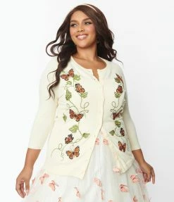 Unique Vintage Plus Size Cream & Butterfly Embroidered Bookworm Cardigan