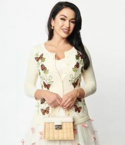 Unique Vintage Cream & Butterfly Embroidered Bookworm Cardigan Clothing