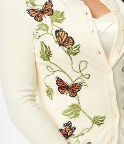 Unique Vintage Cream & Butterfly Embroidered Bookworm Cardigan Clothing