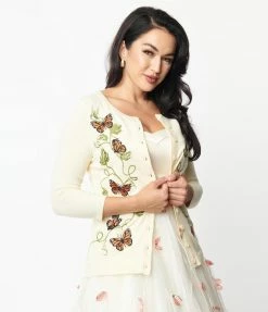 Unique Vintage Cream & Butterfly Embroidered Bookworm Cardigan Clothing