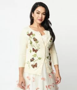 Unique Vintage Cream & Butterfly Embroidered Bookworm Cardigan Clothing