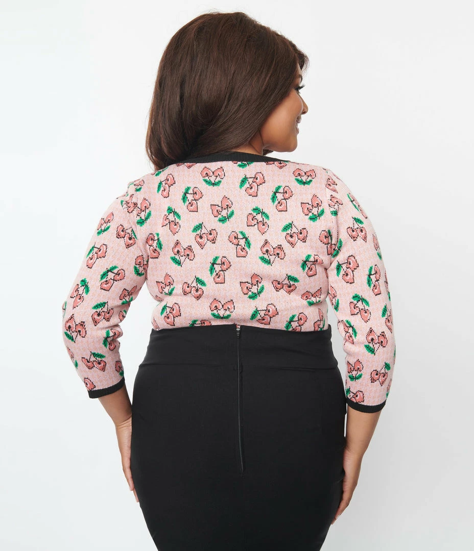 Unique Vintage Plus Size Pink & Cherry Hearts Cardigan Clothing