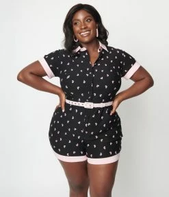 New Arrivals! Unique Vintage Plus Size Black & Pink Broken Hearts Patsy Romper