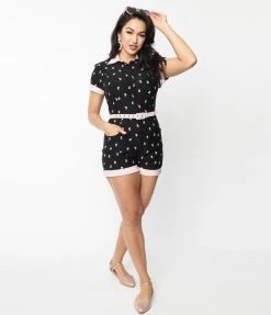 New Arrivals! Unique Vintage Black & Pink Broken Hearts Patsy Romper