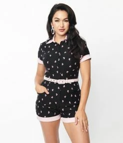 New Arrivals! Unique Vintage Black & Pink Broken Hearts Patsy Romper