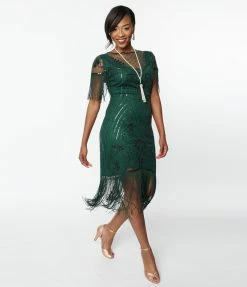 Unique Vintage 1920s Emerald Beaded Nadine Flapper Dress New Arrivals!