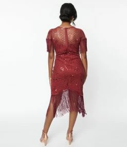 Unique Vintage 1920s Burgundy Beaded Nadine Flapper Dress