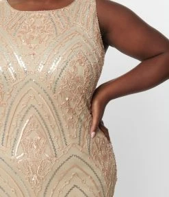 Unique Vintage Plus Size 1920s Champagne Sequin & Pearl Sleeveless Flapper Dress