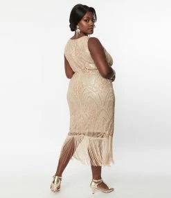 Unique Vintage Plus Size 1920s Champagne Sequin & Pearl Sleeveless Flapper Dress