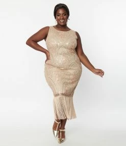 Unique Vintage Plus Size 1920s Champagne Sequin & Pearl Sleeveless Flapper Dress