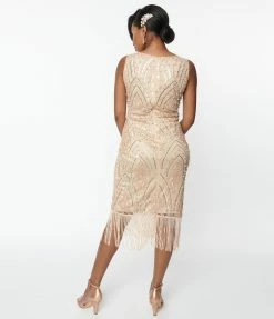 New Arrivals! Unique Vintage 1920s Champagne Sequin & Pearl Sleeveless Flapper Dress