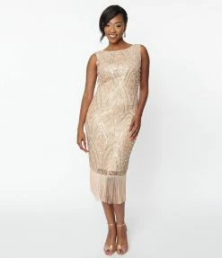New Arrivals! Unique Vintage 1920s Champagne Sequin & Pearl Sleeveless Flapper Dress